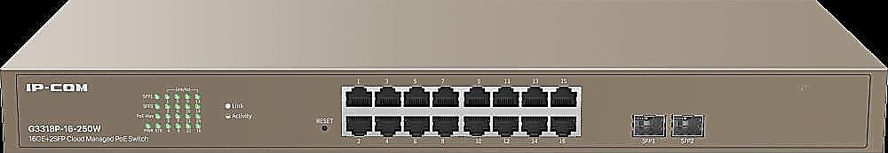 IP-COM G3318P-16-250W - Коммутатор PoE управляемый 18 портовый. 16 портов PoE 10/100/1000 Мбит/c Base-T (IEEE 802.3at/af) до 30Вт на порт + 2 порта SFP 10/100/100 Мбит/c Base-X. Бюджет PoE 230Вт. Грозозащита на порт 6 кВ.