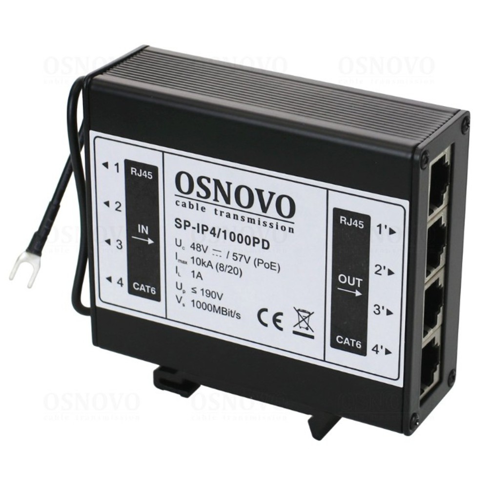 SP-IP4/1000PD - Устройство грозозащиты для локальной вычислительной сети на 4 порта (скорость до 1000 Мбит/с) с защитой линий PoE (802.3 af/at/bt, методы A + B, контакты 1/2, 3/6, 4/5, 7/8), OSNOVO