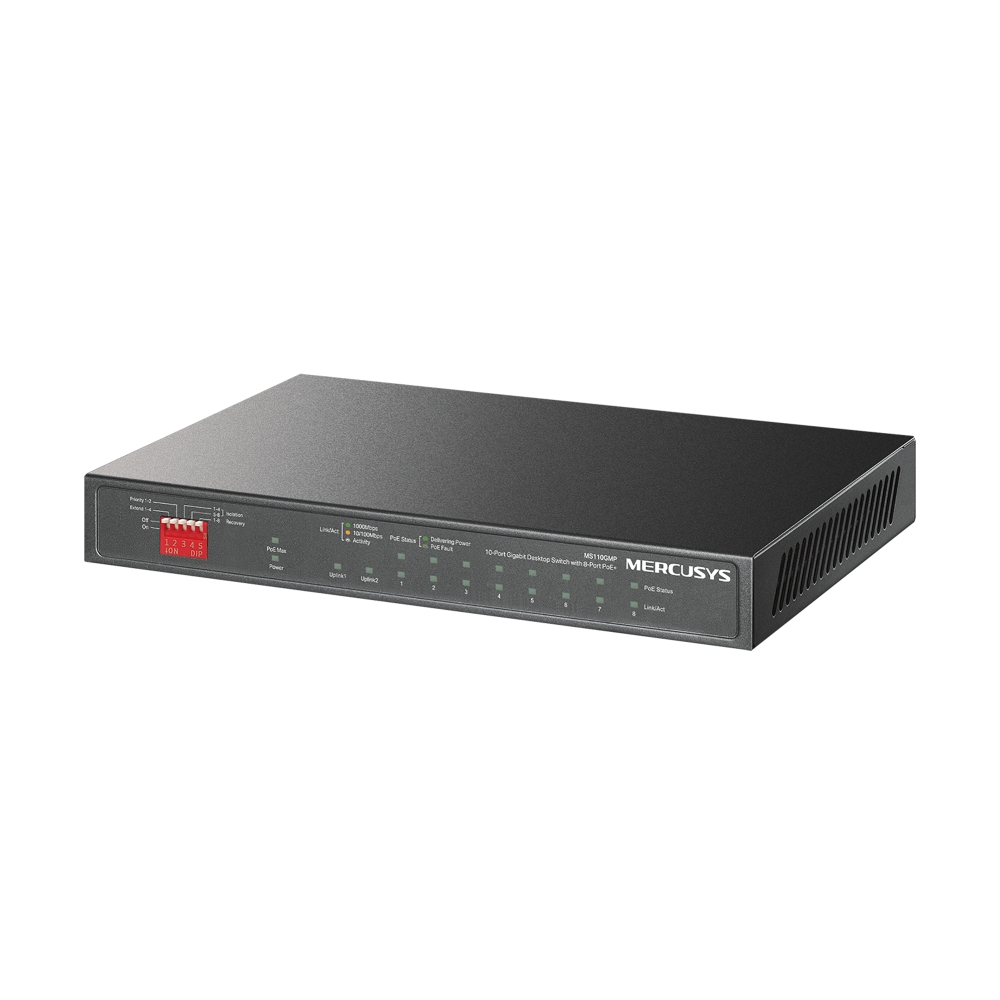 MS110GMP - 10-портовый настольный гигабитный коммутатор с 8 портами PoE+. Порты: 8 ? гигабитных портов PoE+, 2 х гигабитных порта без PoE, Mercusys