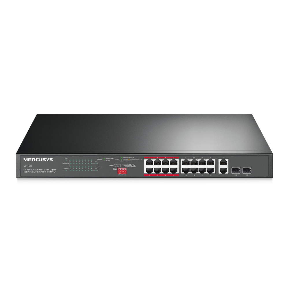 MS118CP - 18-портовый коммутатор 10/100 Мбит/с + 2 гигабитных порта и с 16 портами PoE+. Порты: 16 ? портов 10/100 Мбит/с RJ45 PoE+,  2 ? гигабитных порта без PoE и 2 ? гигабитных Combo SFP слота, Mercusys