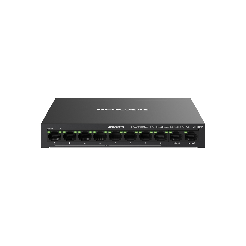 MS110CMP - 8-портовый настольный коммутатор 10/100 Мбит/с с 2 гигабитными портами и с 8 портами PoE+. Порты: 8 х портов 10/100 Мбит/с RJ45 PoE+, 2 ? гигабитных порта без PoE, Mercusys