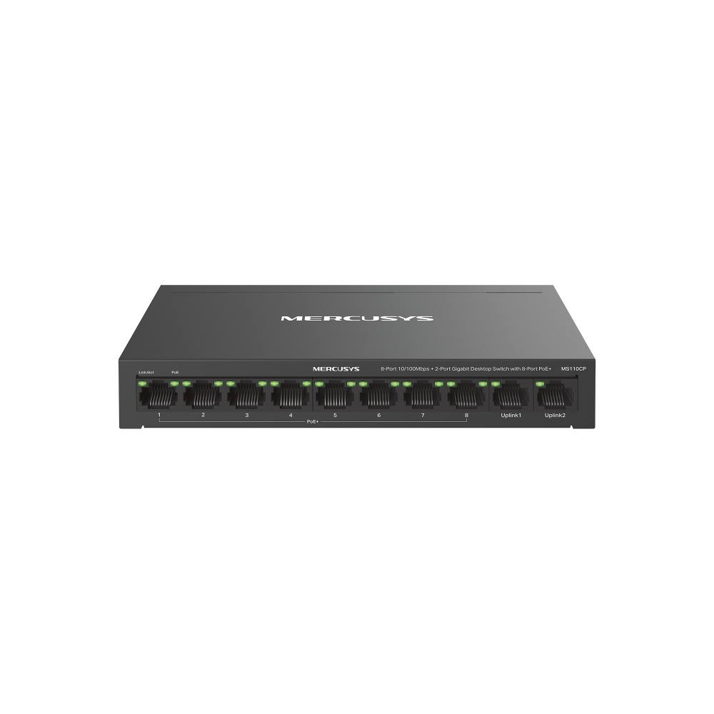 MS110CP - 8-портовый настольный коммутатор 10/100 Мбит/с с 2 гигабитными портами и с 8 портами PoE+. Порты: 8 х портов 10/100 Мбит/с RJ45 PoE+, 2 х гигабитных порта без PoE, Mercusys