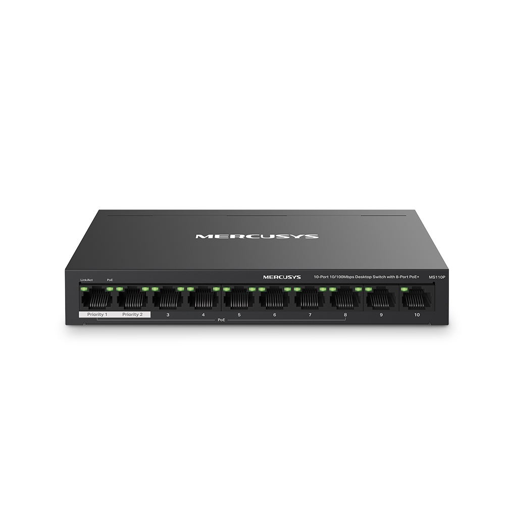 MS110P - 10-портовый настольный коммутатор с 8 портами PoE+. Порты: 8 х портов 10/100 Мбит/с RJ45 PoE+, 2 х порта 10/100 Мбит/с без PoE, Mercusys