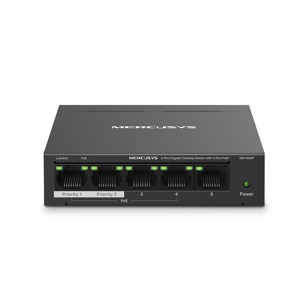MS105GP - 5-портовый настольный гигабитный коммутатор с 4 портами PoE+. Порты: 4 х гигабитных порта PoE+, 1 х гигабитный порт без PoE, Mercusys