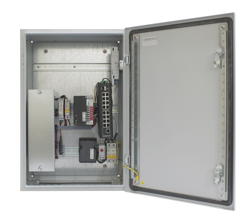 OS-46TB1(SW-81602/ILS(port 90W)) - Уличный управляемый (L2+) коммутатор на 18 портов с термостабилизацией, резервным питанием и функцией мониторинга температуры/влажности/напряжения на базе уличной станции OSNOVO OS-46TB1. Порты: 2 x GE (10/100/1000Base-T) с PoE BT (до 90W) + 14 x GE (10/100/1000Base-T) с PoE (до 30W) + 2 x GE SFP (1000Base-X), OSNOVO