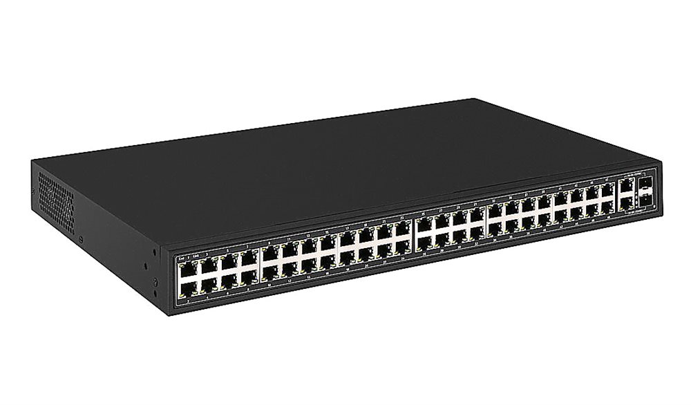 SW-64822(700W) - PoE коммутатор Fast Ethernet на 48 RJ45 + 2 Combo uplink портов. Порты: 48 x FE (10/100 Base-T) с поддержкой PoE (IEEE 802.3af/at), 2 x GE Combo Uplink (RJ45 + SFP). Соответствует стандартам PoE IEEE 802.3af/at
