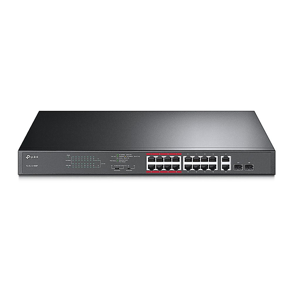 TL-SL1218MP - Неуправляемый коммутатор PoE+ TP-Link на 16 портов 10/100 Мбит/с и 2 гигабитных порта, бюджет PoE до 192 Вт