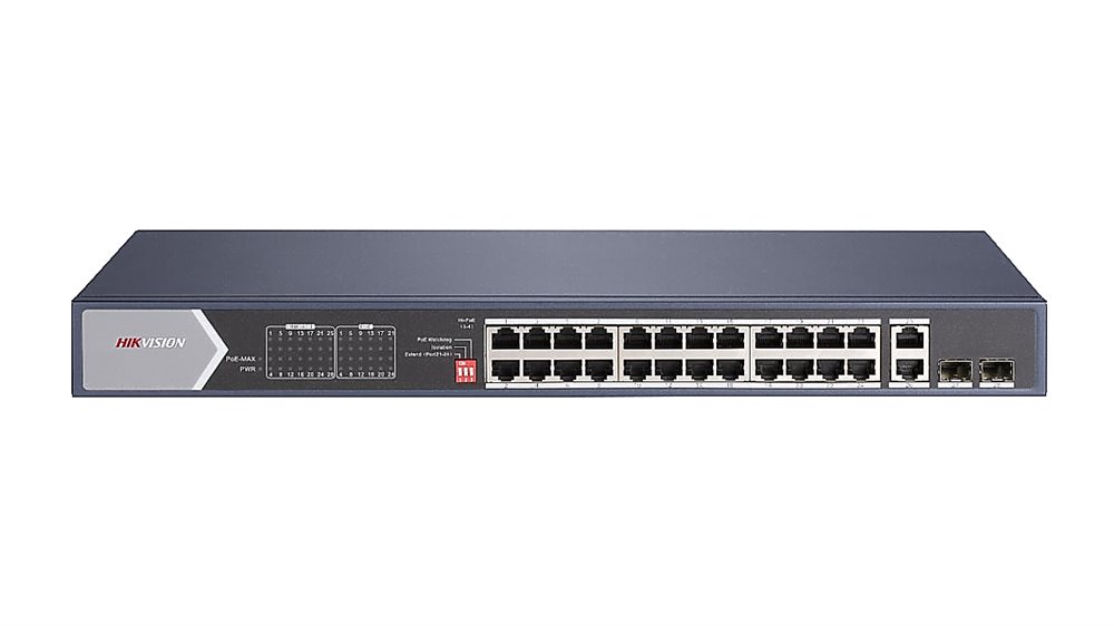 Неуправляемый PoE коммутатор DS-3E0528HP-E - 20 портов RJ45 1000M PoE + 4 порта RJ45 1000M HiPoE + 2 порта RJ45 1000M + 2 1000М SFP
