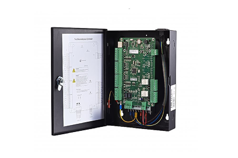 DS-K2802 - Контроллер доступа на 2 двери. Память: 10000 карт, 50000 событий; TCP/IP; интерфейсы считывателей: 4 входа Wiegand; тревожные вход/выход 6/4; DC12В; 100Вт; -20 °C...+65°C; размер 285×237×69мм; металл.