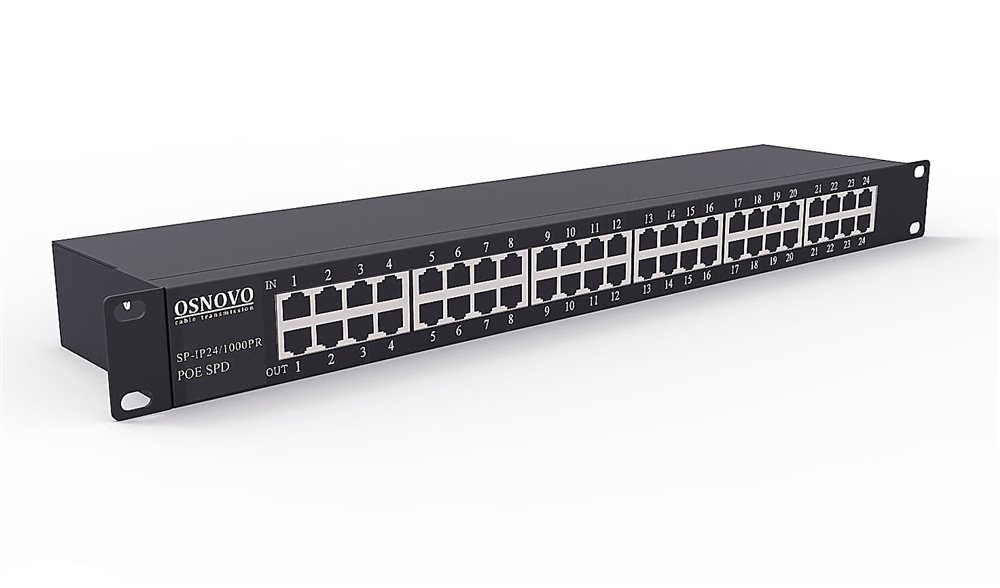 SP-IP24/1000PR - 1U устройство грозозащиты для локальной вычислительной сети на 24 порта (скорость до 1000 Мб/с) с защитой линий PoE (af/at, методы A + B, контакты 1/2, 3/6, 4/5, 7/8)