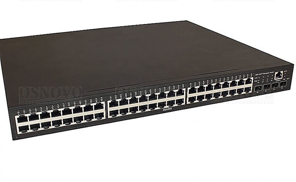 SW-74804/L - Управляемый (L2+) коммутатор Osnovo, Gigabit Ethernet на 48 RJ45 PoE + 4 x GE SFP порта. Порты: 48 x GE (10/100/1000Base-T) + 4 x GE SFP (1000Base-X), Консольный порт; Уровень управления L2 (Full managed).