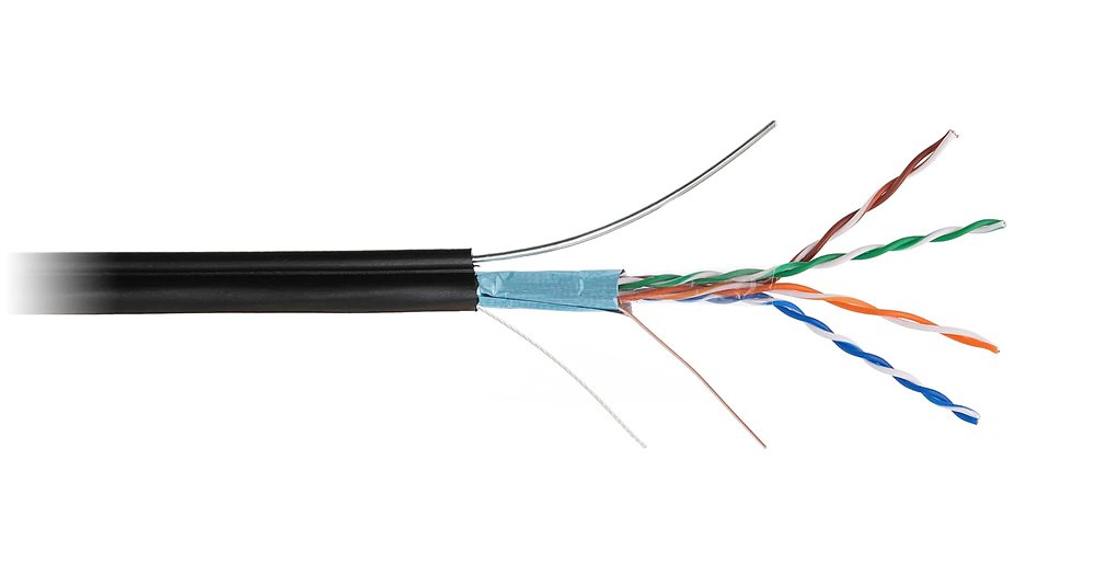 EC-UF004-5E-PE-SW-BK  Кабель NETLAN F/UTP 4 пары, Кат.5e (Класс D), 100МГц, одножильный, BC (чистая медь), внешний, PE до -40C, с одножильным тросом, черный, 305м