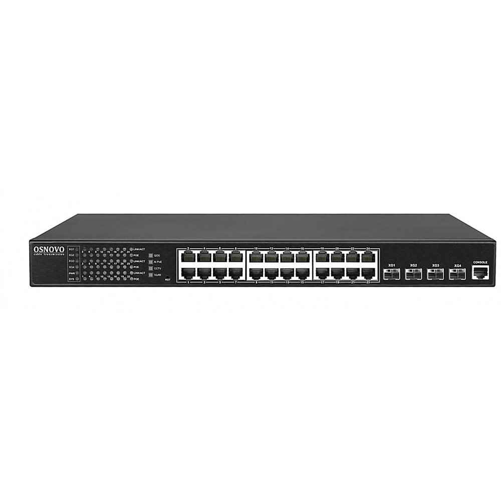 SW-24G4X-1L - Управляемый L3 коммутатор Osnovo на 24xGE RJ-45 c PoE + 4х10G SFP+ порта. Порты: 24 x GE (10/100/1000 Base-T) с поддержкой PoE (IEEE 802.3af/at), 4 x 10G SFP+ Uplink
