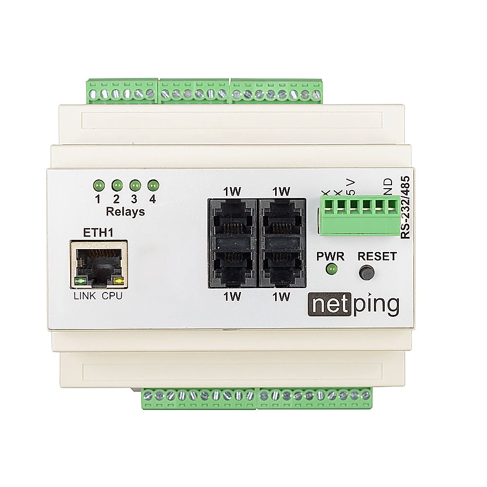 NetPing v5 - Устройство удаленного мониторинга датчиков по сети Ethernet/Internet на DIN-рейку. Позволяет удаленно получать информацию о состоянии датчиков и уведомления о срабатывании датчиков, управлять подключенными устройствами.
