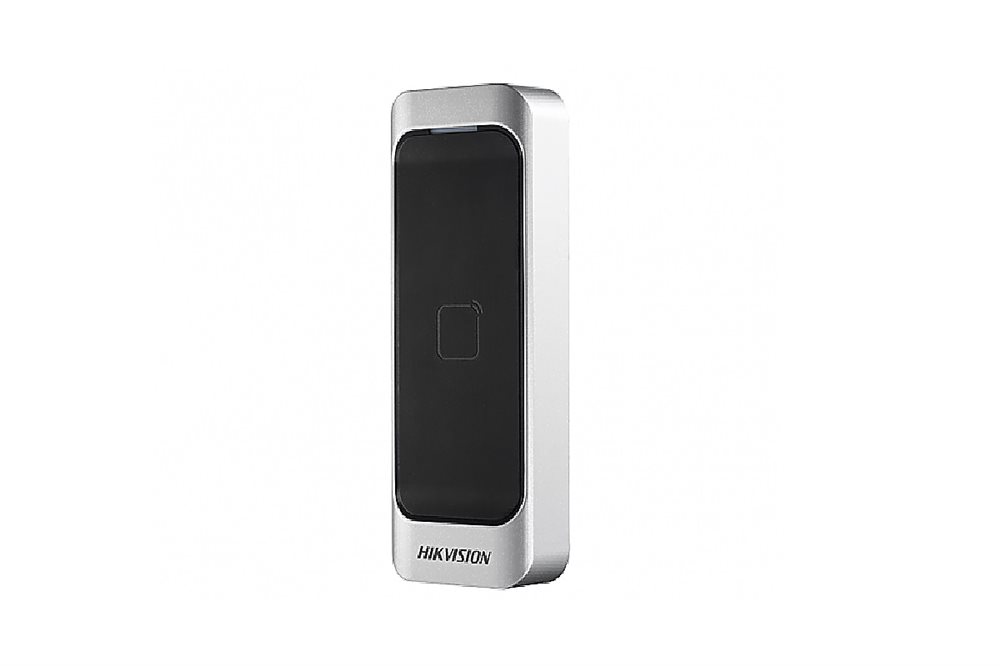 DS-K1107AM - Считыватель Mifare карт, дальность считывания: ≥50 мм; поддержка протоколов RS485 и Wiegand (W26/W34); DC12В; 2Вт; -40 °C...+70°C; IP65; размер 115×44×22мм; пластик.