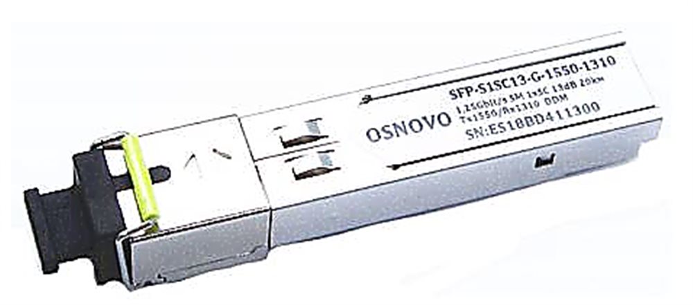 SFP-S1SC13-G-1550-1310-I - SFP модуль OSNOVO работает в парах и предназначены для передачи данных со скоростью до 1.25 Гбит/с по одному волокну одномодового оптоволоконного кабеля на расстояние до 20км