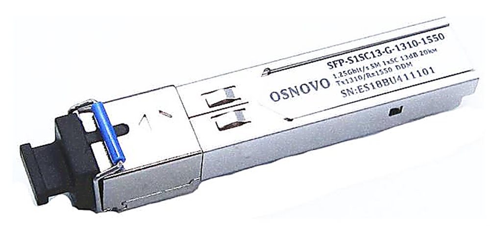 SFP-S1SC13-G-1310-1550-I - SFP модуль OSNOVO работает в парах и предназначены для передачи данных со скоростью до 1.25 Гбит/с по одному волокну одномодового оптоволоконного кабеля на расстояние до 20км