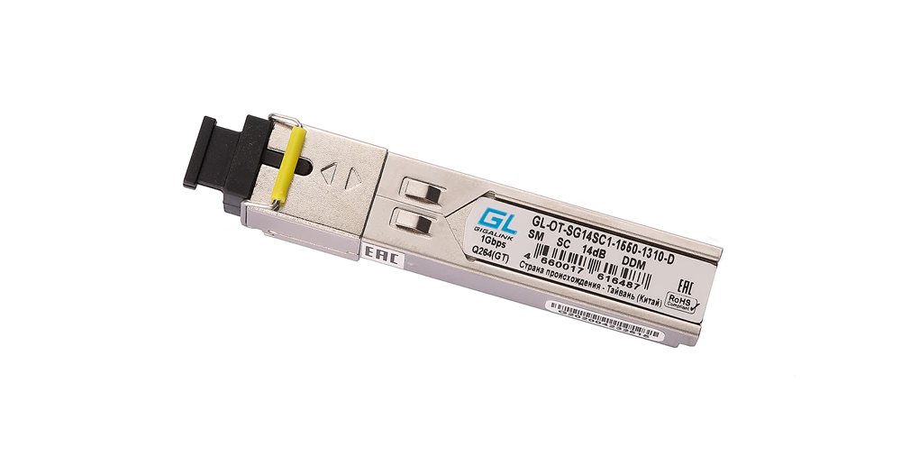 Модуль SFP GIGALINK GL-OT-SG14SC1-1550-1310-D GIGALINK SFP, WDM, 1Гбит/c, одно волокно SM, SC, Tx:1550/Rx:1310 нм,DDM, 14 дБ (до 20 км) BX