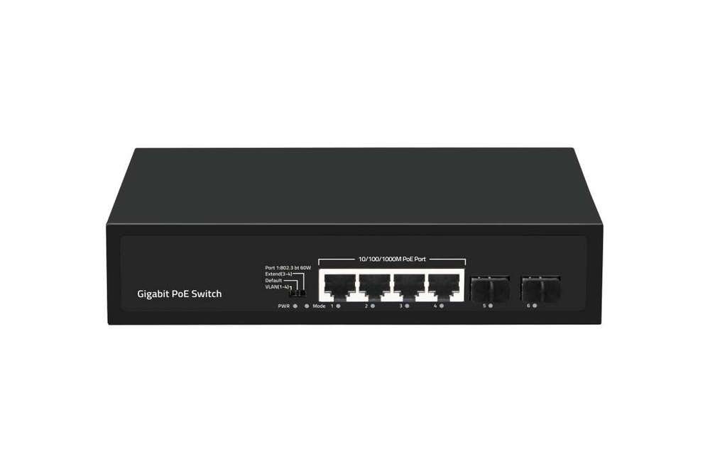 GL-SW-G005-04P(BT) - Коммутатор GIGALINK, неуправляемый, 4 PoE (802.3af/at/BT) порта 10/100/1000Мбит/с (1 порт до 60Вт, 3-4 порт до 250м cat6), 2 SFP порта 1000Мбит/с, 120Вт