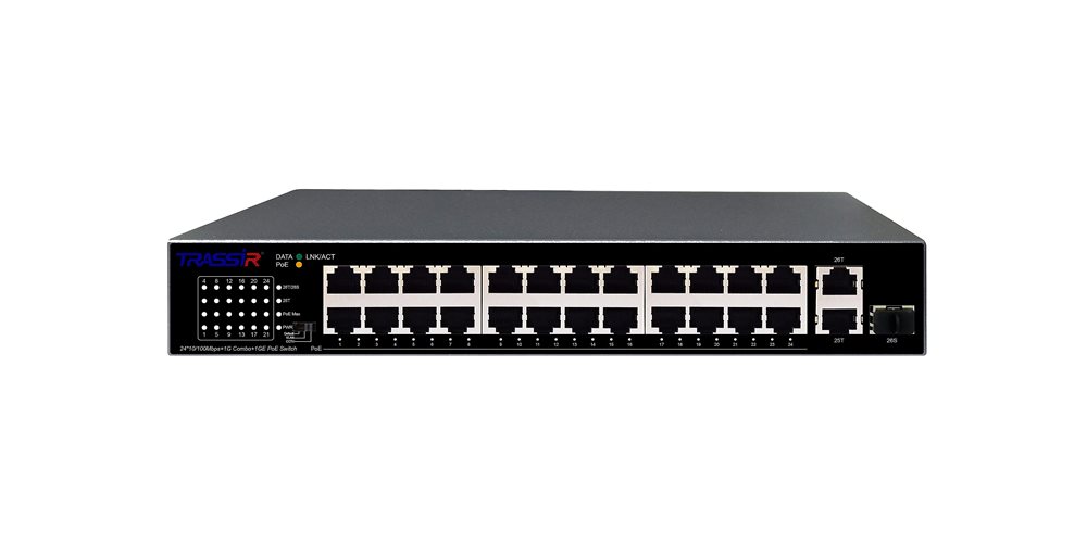 TR-NS1126-225-24PoE - Неуправляемый коммутатор TRASSIR с 24 PoE портами (24*10/100 Mbps PoE Ports, 1Combo * 10/100/1000, 1* 10/100/1000 RJ45).