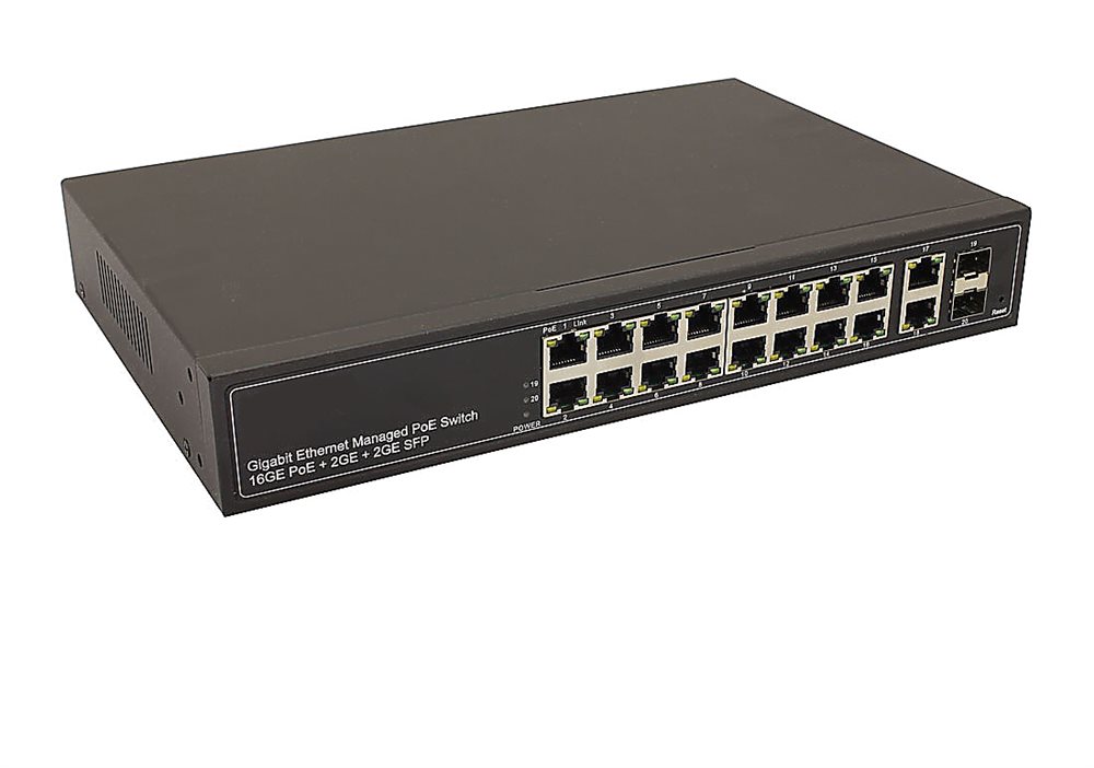 NS-SW-16G4G-PL - Управляемый L2 Коммутатор PoE NST Gigabit Ethernet. Порты: 16 x GE (10/100/1000 Base-T) с поддержкой PoE (IEEE 802.3af/at), 2 x GE (10/100/1000 Base-T) Uplink, 2 x GE SFP Uplink. Мощность PoE на порт - до 30W. Суммарная мощность PoE до 300W.