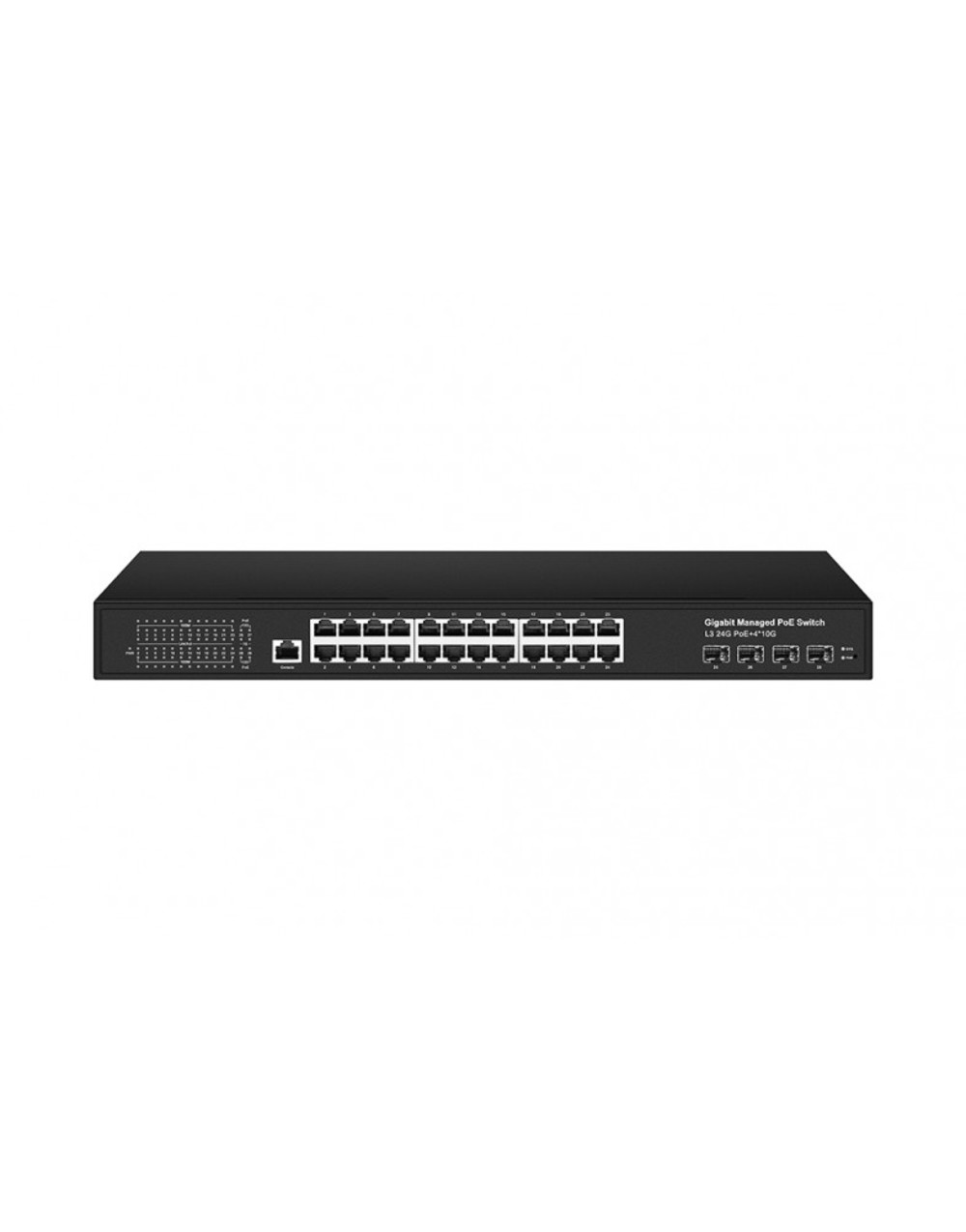 NS-SW-24G4G10-PL - Управляемый L3 PoE коммутатор NST на 24xGE RJ-45 c PoE + 4х10G SFP+ порта. Порты: 2 x GE (10/100/1000 Base-T) с PoE (до 90W, A+B) + 22 x GE (10/100/1000 Base-T) с поддержкой PoE (IEEE 802.3af/at), 4 x 10G SFP+ Uplink. Консольный порт