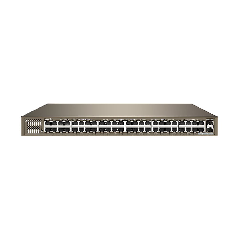 Tenda TEG1050F - Коммутатор неуправляемый, 48 портов 10/100/1000 Base-T + 2 порта 1000 Base-X SFP. Скорость полнодуплексной передачи может достигать 2000 Мбит/с, грозозащита портов 6 кВ.