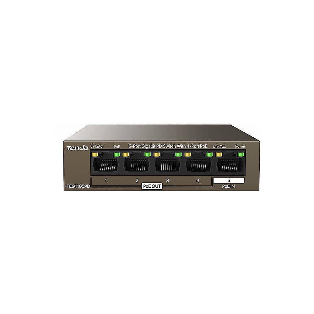 Tenda TEG1105PD - Коммутатор PoE неуправляемый (с питанием от PoE), 4 порта 10/100/1000 Base-T (Data/PoE OUT IEEE 802.3 af) + 1 порт 10/100/1000 Base-T (Data/PoE IN IEEE 802.3 af/at), бюджет PoE 30 Вт (15 Вт на порт) , грозозащита портов 6 кВ.