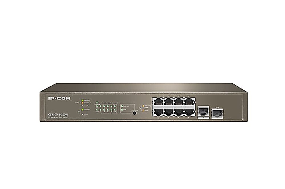 IP-COM G5310P-8-150W - Коммутатор PoE управляемый L3, 10 портовый. 8 портов PoE 10/100/1000 Мбит/c Base-T (IEEE 802.3at/af) до 30Вт на порт + 1 порт Ethernet 10/100/100 Мбит/c Base-T + 1 порт SFP 10/100/1000 Мбит/c Base-X. Бюджет PoE 130Вт. Грозозащита на порт 6 кВ.