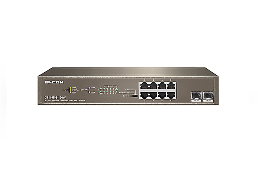 IP-COM G1110P-8-150W - Коммутатор PoE неуправляемый 10 портовый. 8 портов PoE 10/100/1000 Мбит/c Base-T (IEEE 802.3at/af) до 30Вт на порт + 2 порта SFP 10/100/100 Мбит/c Base-X. Бюджет PoE 130Вт. Грозозащита на порт 6 кВ.