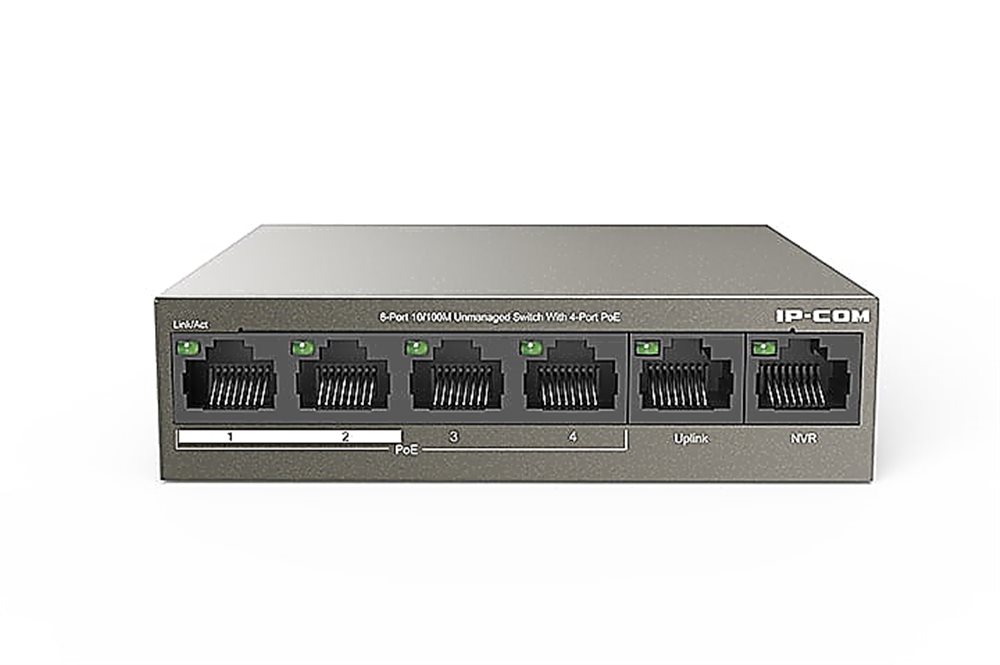 IP-COM F1106P-4-63W - Коммутатор PoE неуправляемый 6 портовый. 4 порта PoE 10/100 Мбит/c (IEEE 802.3at/af) до 30Вт на порт + 2 порта Ethernet 10/100 Мбит/c Base-TX. Бюджет PoE 60Вт. Грозозащита на порт 6 кВ.