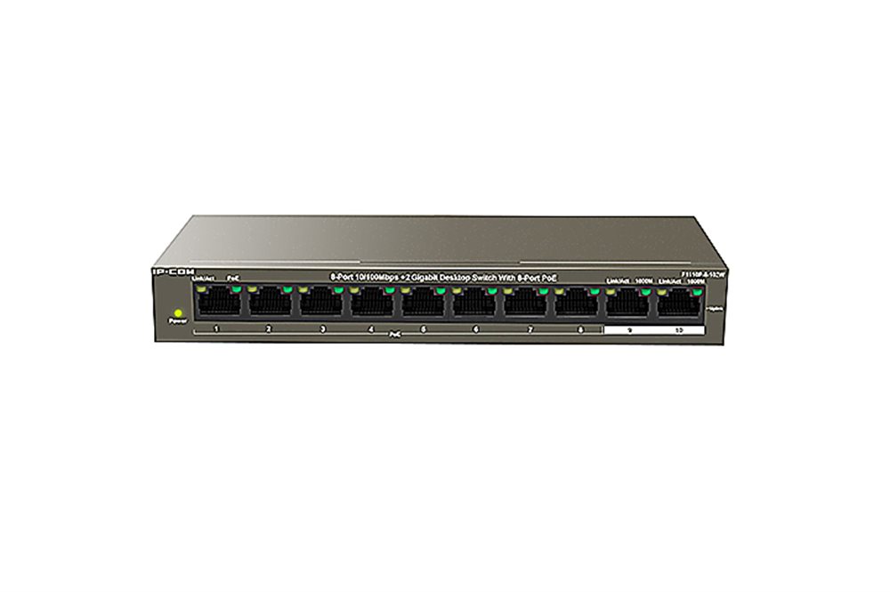 IP-COM F1110P-8-102W - Коммутатор PoE неуправляемый 10 портовый. 8 портов PoE 10/100 Мбит/c (IEEE 802.3at/af) до 30Вт на порт + 2 порта Ethernet 10/100/1000 Мбит/c Base-T. Бюджет PoE 99Вт. Грозозащита на порт 6 кВ.