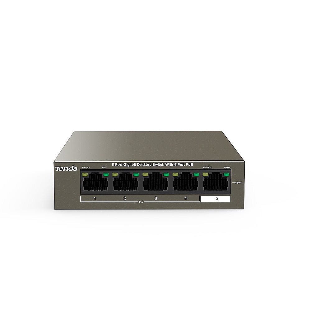 Tenda TEG1105P-4-63W - Коммутатор PoE неуправляемый, 5 портов PoE 10/100/1000 Мбит/с Base-TX RJ45. Порты 1–4 стандарта IEEE 802.3af/at (мощность PoE до: 30 Вт). Бюджет PoE 58 Вт, грозозащита портов 6 кВ.