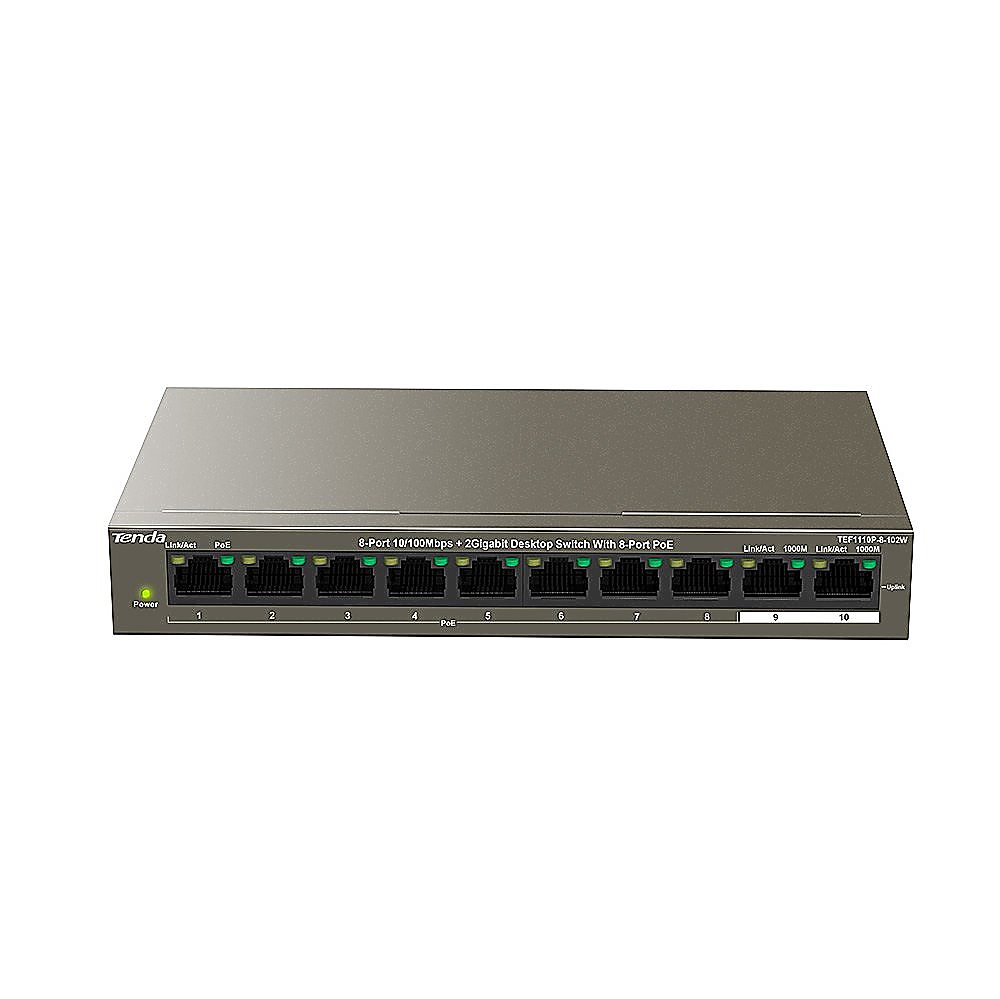 Tenda TEF1110P-8-102W - Коммутатор PoE неуправляемый, 8 портов PoE 10/100 Base-TX + 2 порта 10/100/1000 Base-TX, грозозащита порта 6 кВ, бюджет PoE 99Вт и 30 Вт (на порт)