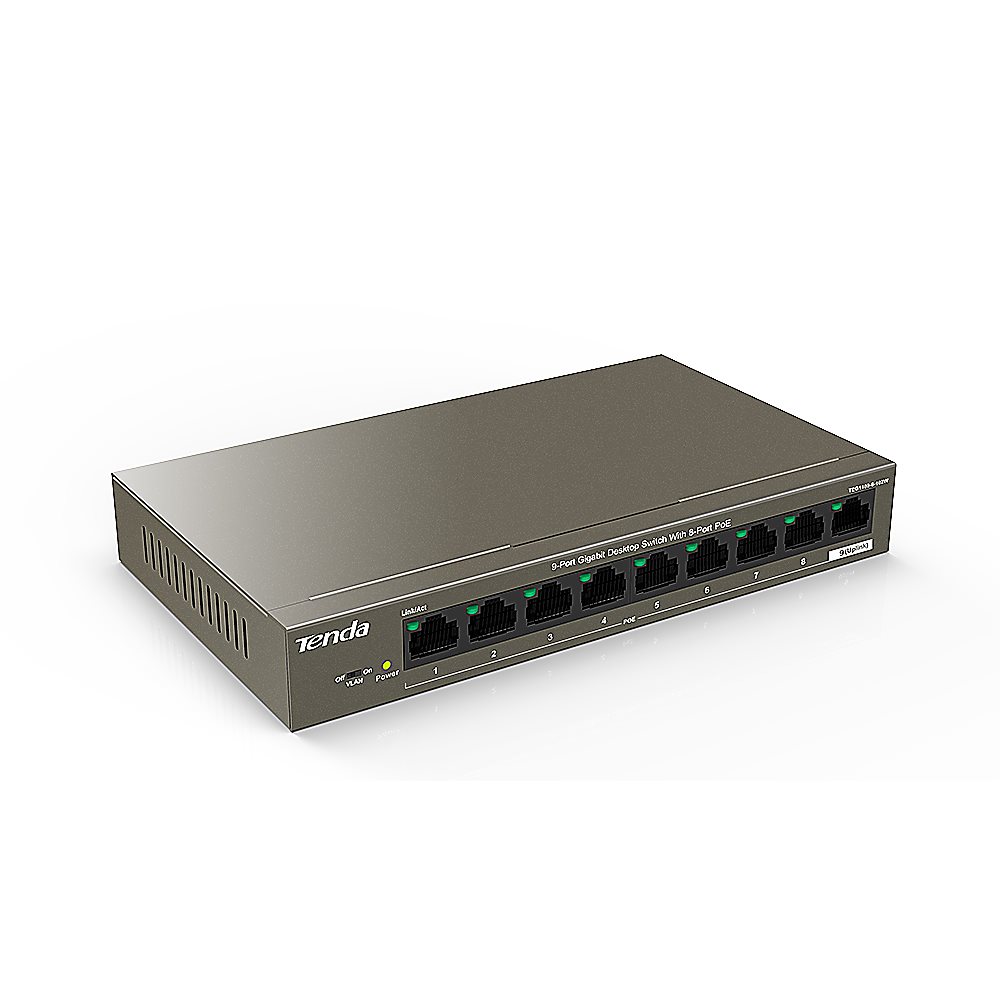 Tenda TEG1109P-8-102W - Коммутатор PoE неуправляемый, 8 портов PoE 10/100/1000 Мбит/с Base-TX RJ45. Порты 1–8 стандарта IEEE 802.3af/at (PoE на порт до: 30 Вт). Бюджет PoE 92 Вт, грозозащита портов 6 кВ.