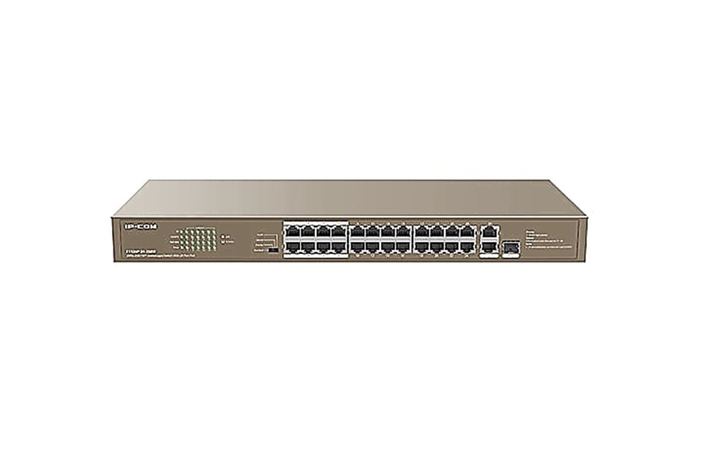 IP-COM F1126P-24-250W - Коммутатор PoE неуправляемый 26 портовый. 24 порта PoE 10/100 Мбит/c (IEEE 802.3at/af) до 30Вт на порт + 2 порта Ethernet 10/100/1000 Мбит/c Base-T + 1 порт SFP 10/100/1000 Мбит/c Base-X. Бюджет PoE 230Вт. Грозозащита на порт 6 кВ.