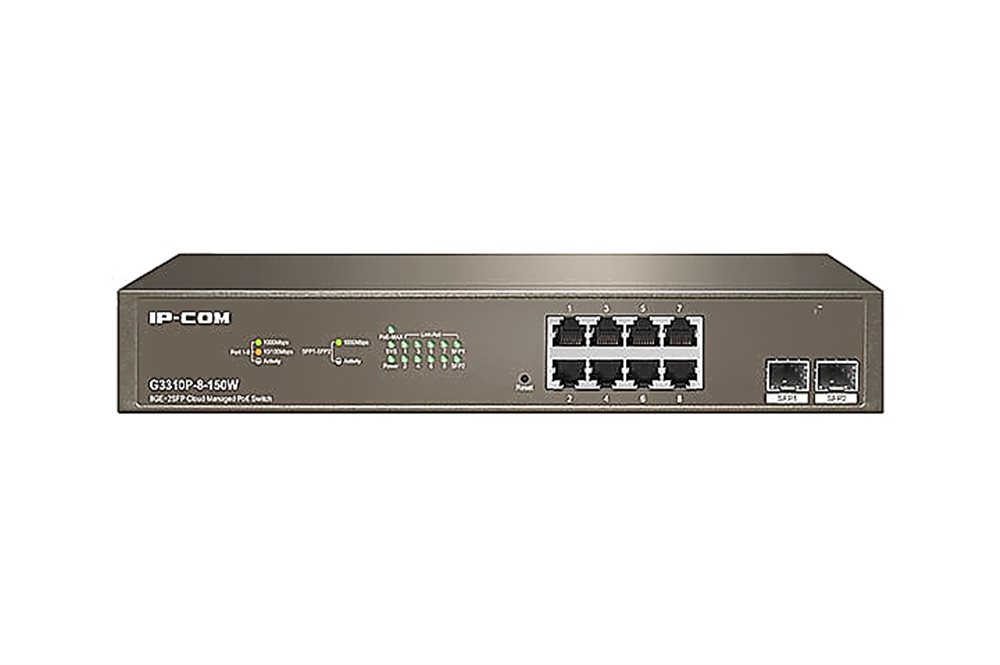 IP-COM G3310P-8-150W - Коммутатор PoE управляемый 10 портовый. 8 портов PoE 10/100/1000 Мбит/c Base-T (IEEE 802.3at/af) до 30Вт на порт + 2 порта SFP 10/100/100 Мбит/c Base-X. Бюджет PoE 130Вт. Грозозащита на порт 6 кВ.