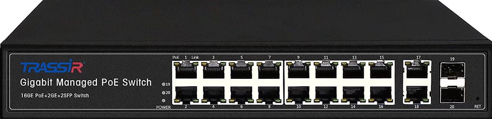 TR-NS24202S-300-16PoE - Управляемый коммутатор TRASSIR с 16 PoE портами (10/100/1000 Мбит/с Base-TX PoE port) и 2 SFP портами и 2 RJ-45 Uplink ports.