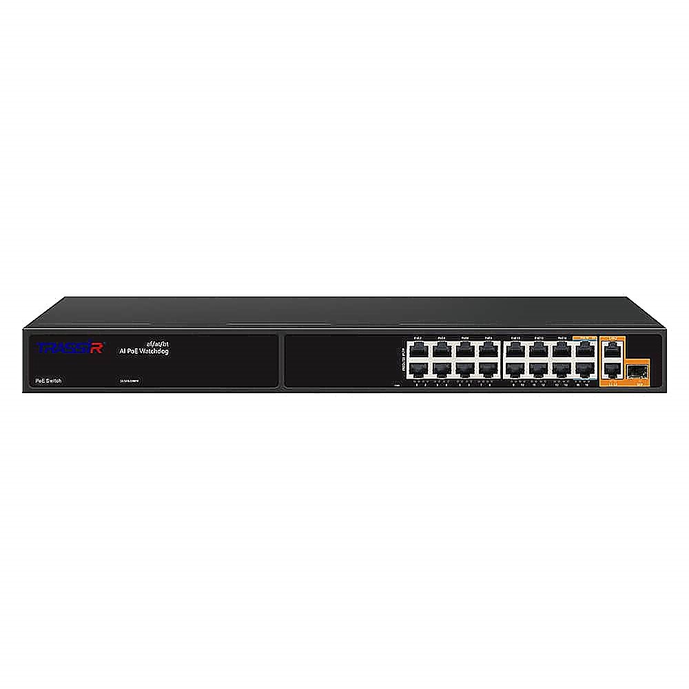 TR-NS11191S-285-16PoE - Неуправляемый коммутатор TRASSIR с 15 PoE портами (10/100 Мбит/с Base-TX PoE port), 1 PoE портом (10/100/1000 Мбит/с (Base-T)) и 1 SFP портоми и 2 RJ-45 Uplink ports.