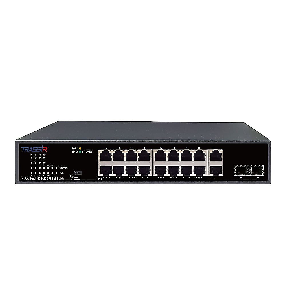 TR-NS14202S-185-16POE -  Неуправляемый коммутатор TRASSIR с 16 PoE портами (10/100/1000 Мбит/с Base-T PoE port),и 2 SFP портами и 2 RJ-45 Uplink ports.