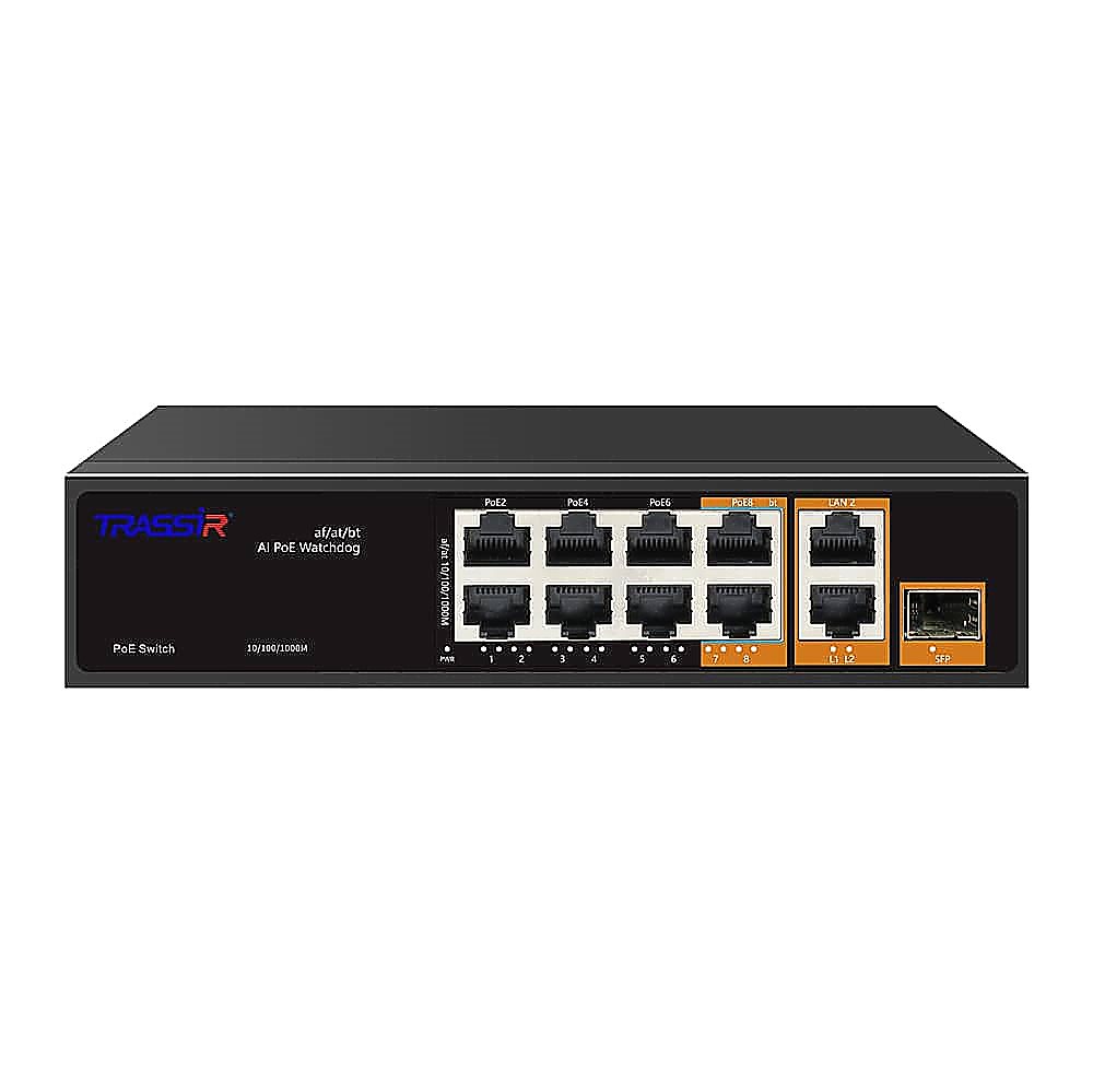 TR-NS13111S-120-8PoE - Неуправляемый коммутатор TRASSIR с 6 FE PoE портами (10/100 Мбит/с), 2 GE PoE портами(10/100/1000 Мбит/с) и 1 SFP портом + 2 Uplink (10/100/1000Мбит/с (Base-T))