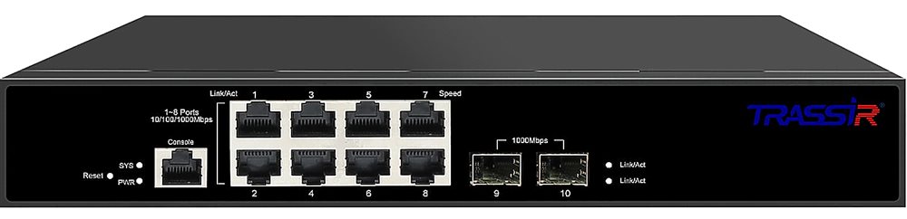 TR-NS24102S-120-8PoE - Управляемый коммутатор TRASSIR с 8 PoE портами (10/100/1000 Мбит/с Base-T PoE port),и 2 SFP портами.