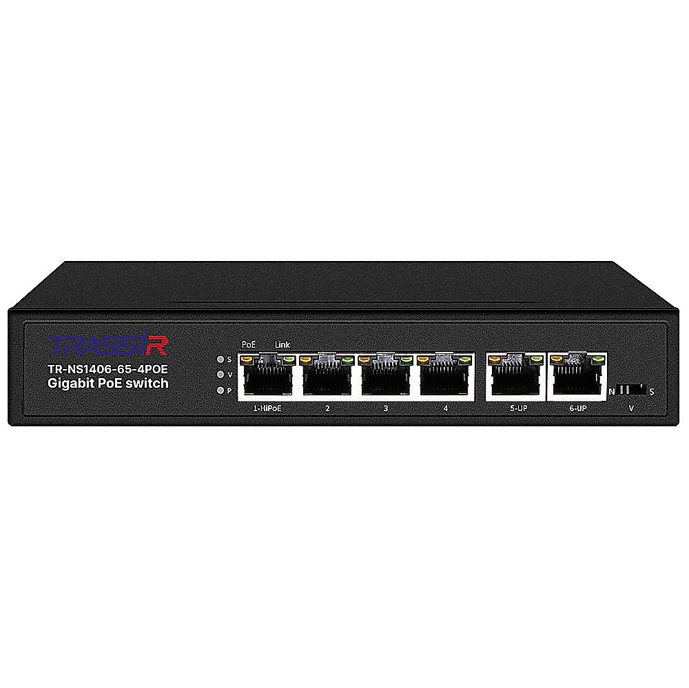 TR-NS1406-65-4POE - Неуправляемый коммутатор TRASSIR с 4 PoE портами (10/100/1000 Мбит/с (Base-T)), 2 Uplink (10/100/1000 Мбит/с (Base-T)), стандарты PoE EEE802.3af, EEE802.3at, EEE802.3bt, максимальная мощность на порт 60Вт, общая - 65 Вт