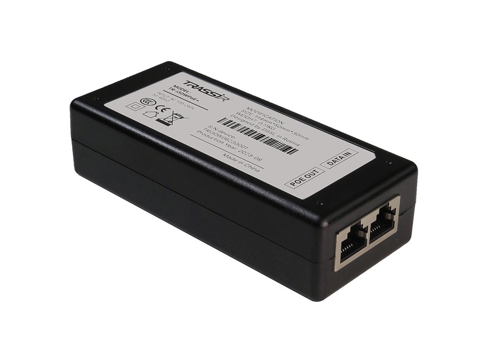 TR-I30WPoE+ POE-инжектор TRASSIR. Вход: 100-240В 50/60Гц . Мощность POE на порт 30Вт. Общий бюджет 65Вт. Порты: 1*RJ45*10/100/1000M Data IN, 1*RJ45*10/100/1000M PoE OUT. Предназначен для питания устройств по протоколам IEEE 802.3af/at. Функция автоматического определения PoE устройств. Молниезащита