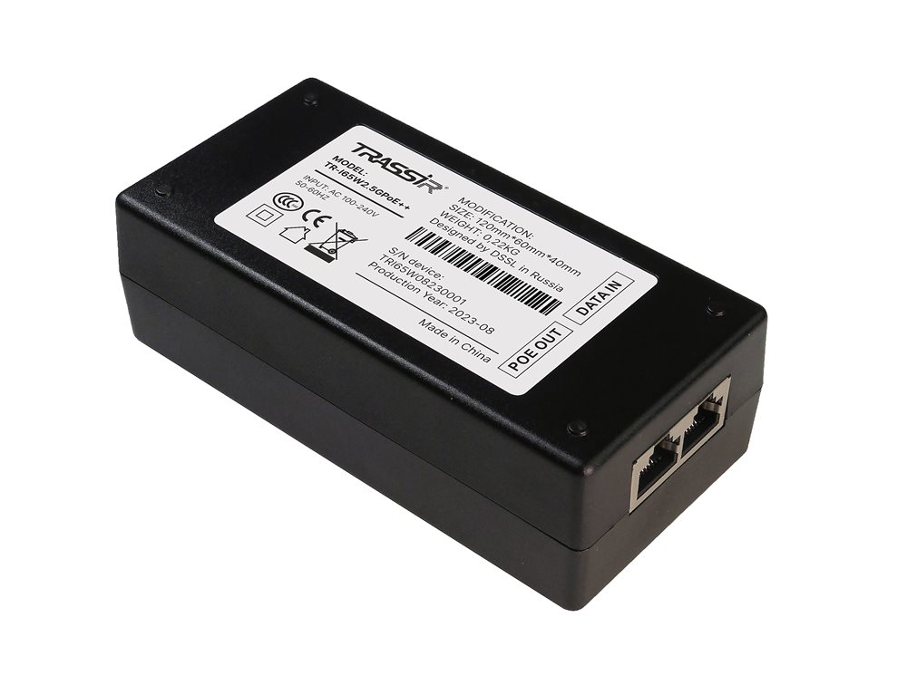 TR-I65W2.5GPoE++  POE-инжектор TRASSIR. Вход: 100-240В 50/60Гц . Мощность POE на порт 65Вт. Общий бюджет 65Вт. Порты: 1*RJ45*10/100/1000M Data IN, 1*RJ45*10/100/1000M PoE OUT. Предназначен для питания устройств по протоколам IEEE 802.3af/at/bt. Функция автоматического определения PoE устройств. Молниезащита