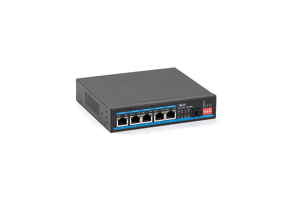 4086 SKAT PoE-UPS-5E-1S бесперебойный POE коммутатор, с возможностью питания от солнечных панелей. Мощность 65Вт, порты: 5-Ethernet, 1-SFP