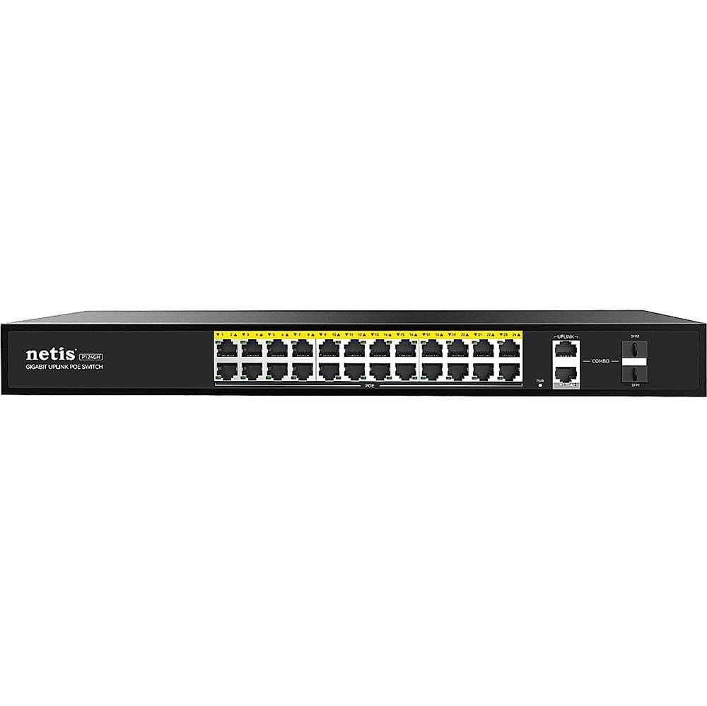 P124GH - Коммутатор Netis неуправляемый, 24 порта 100 Мбит/с PoE+ , 1 порта 1000 Мбит/с Uplink RJ45, 1 SFP порт Uplink, 1 COMBO port (SFP + GE) PoE бюджет 360Вт