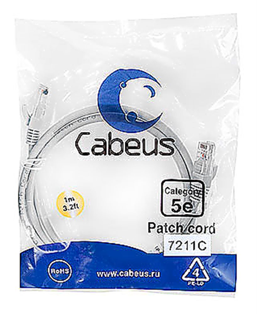 Cabeus PC-UTP-RJ45-Cat.5e-1m - Патч-корд UTP, категория 5e,  2XRJ45/8P8C, неэкранированный, серый, PVC, 1 м.