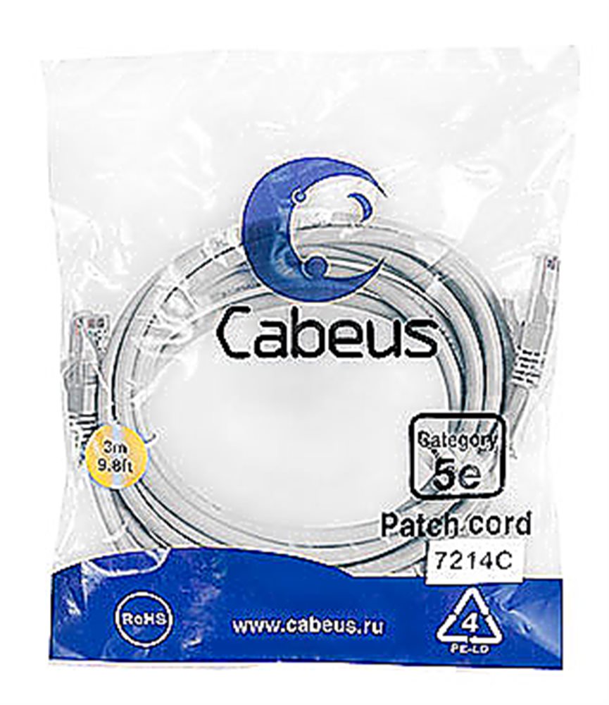 Cabeus PC-UTP-RJ45-Cat.5e-3m - Патч-корд  U/UTP, категория 5е, 2xRJ45/8p8c, неэкранированный, серый, PVC, 3м