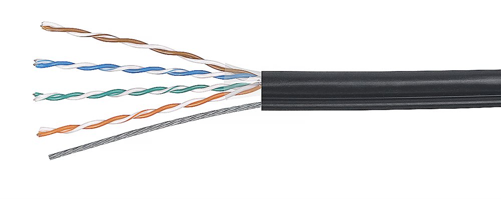 Cabeus UTP-4P-Cat.5e-SOLID-ST-OUT - Кабель витая пара UTP (U/UTP), категория 5e, 4 пары (24 AWG), одножильный, для внешней прокладки, с металлическим тросом (+75 C - -40) (305 м)